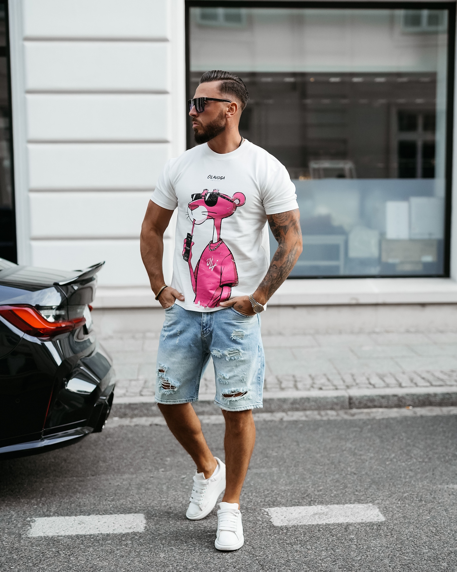 T-shirt męski z panterą HILLER OLAVOGA ecru T-shirt męski z panterą HILLER OLAVOGA ecru