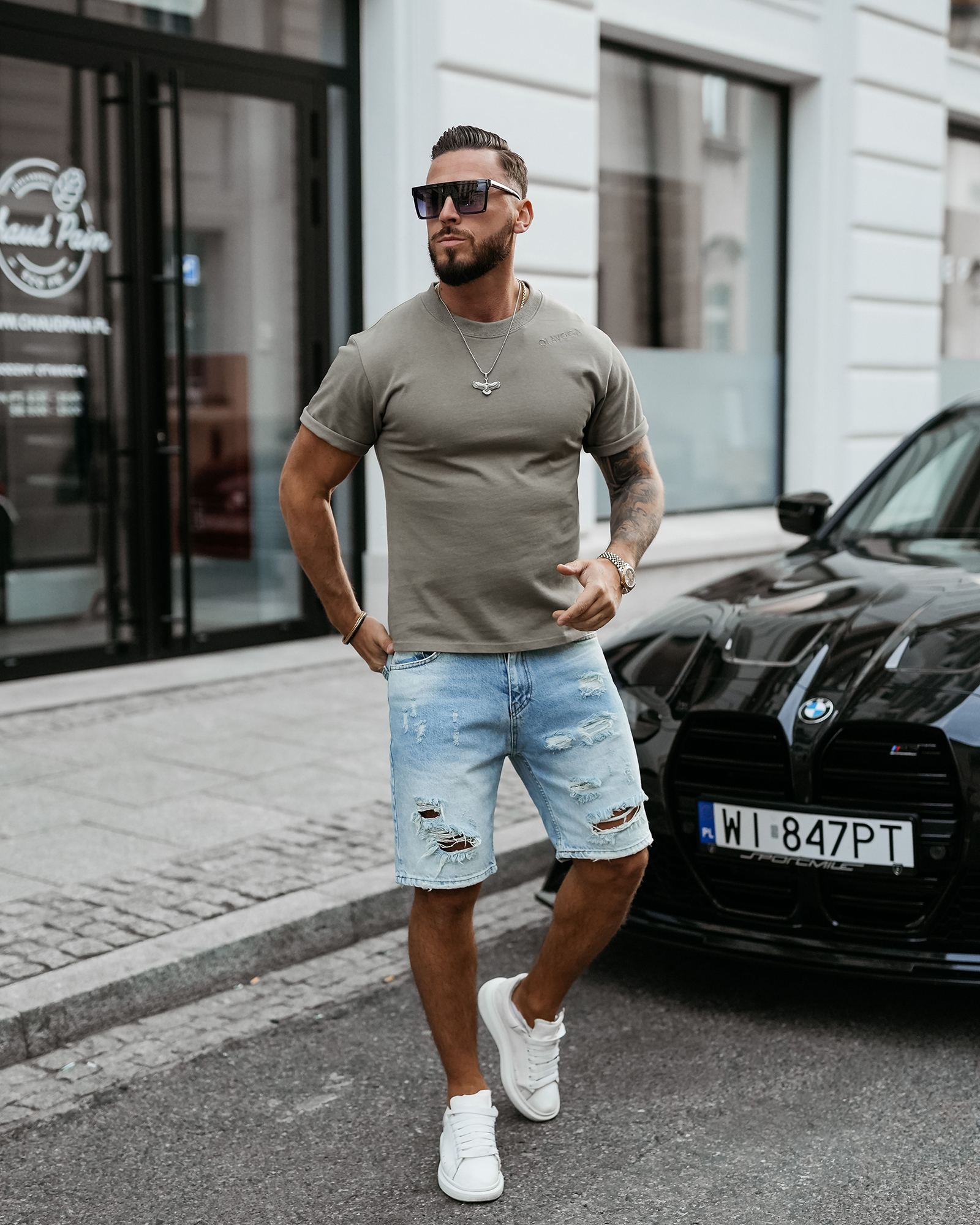 T-shirt męski bawełniany SHADOW LUXE OLAVOGA khaki