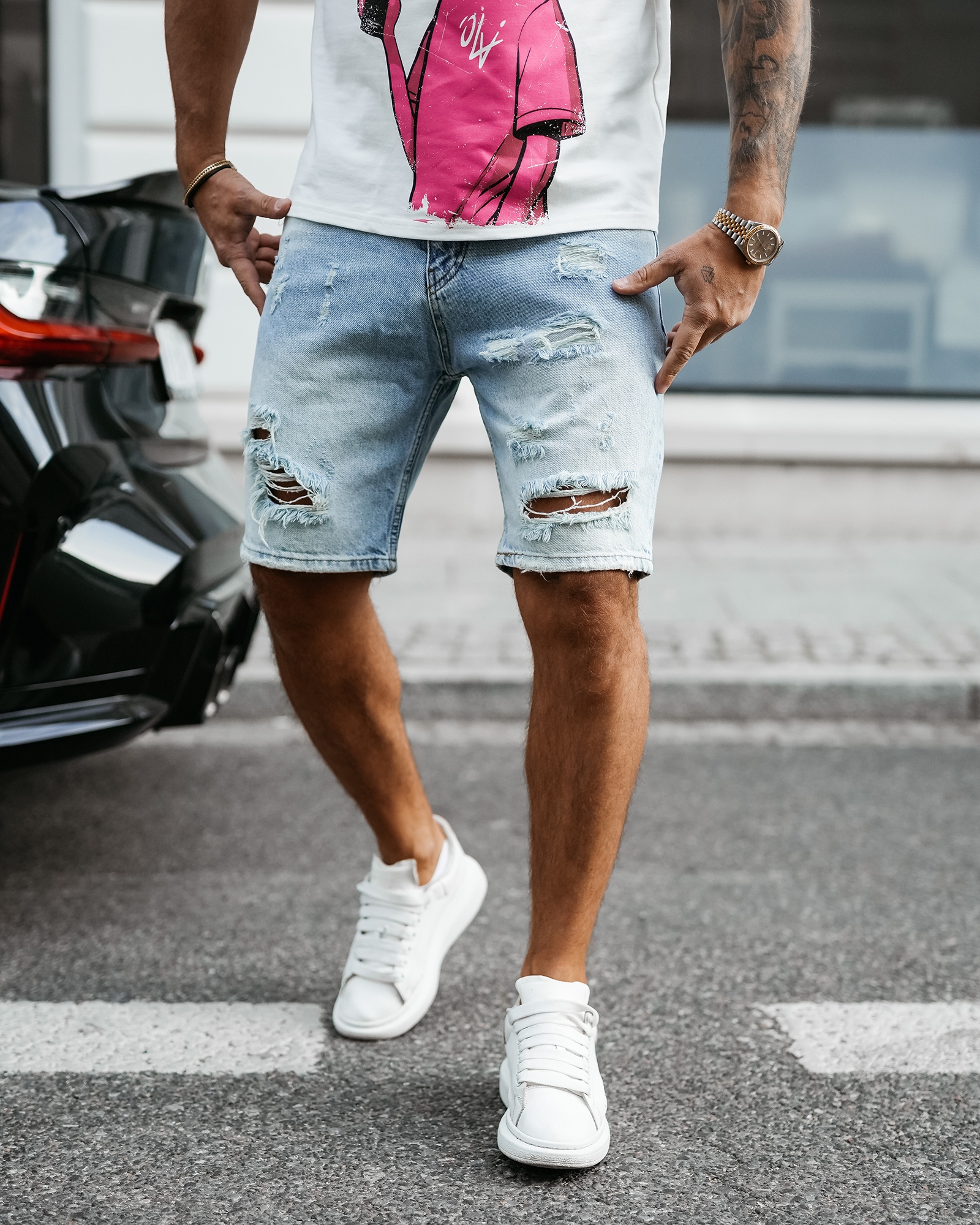 Spodenki męskie jeansowe z przetarciami DRIFT OLAVOGA niebieskie