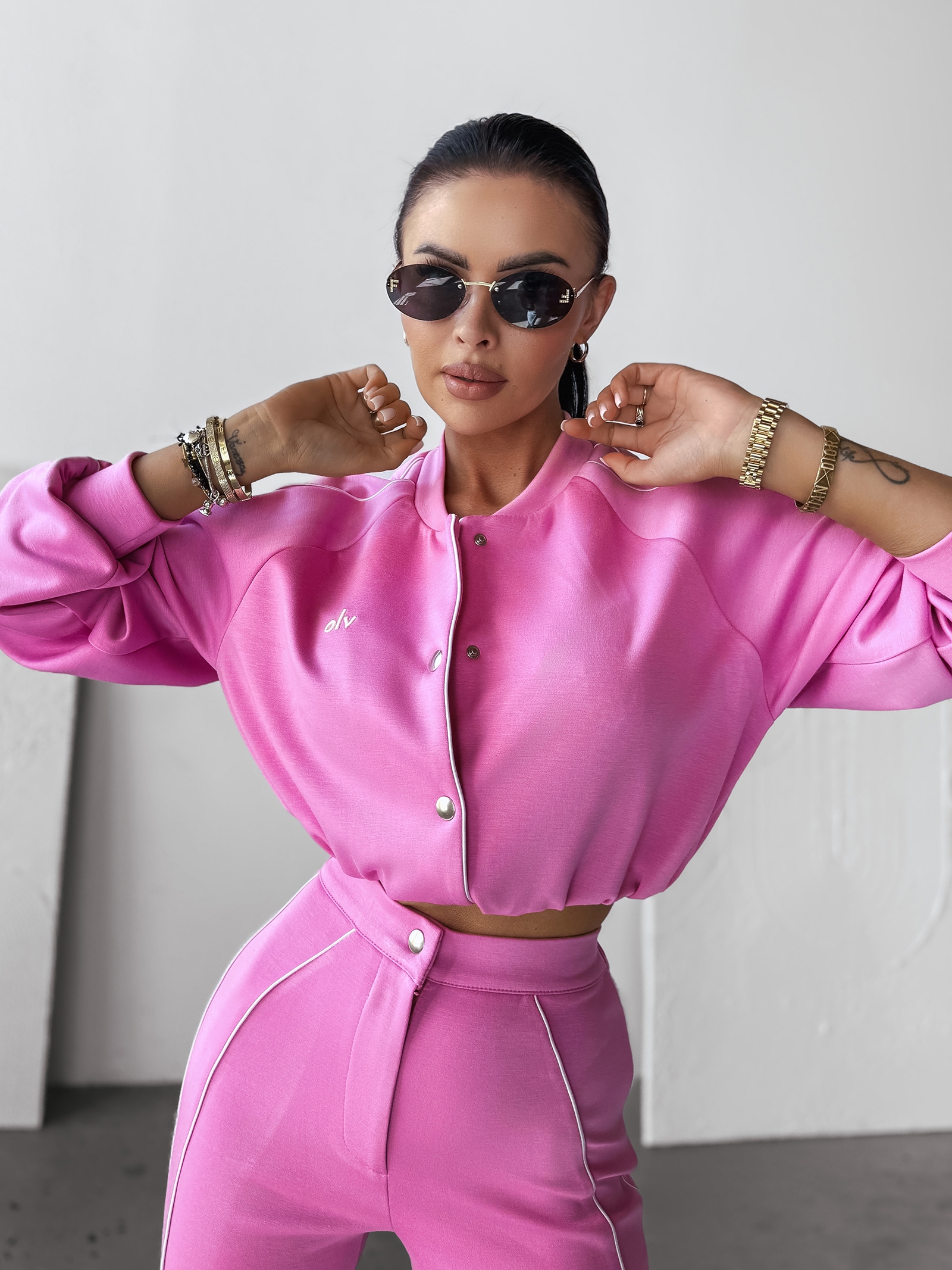 Komplet damski casualowy kurtka+spodnie FECTO OLAVOGA różowy