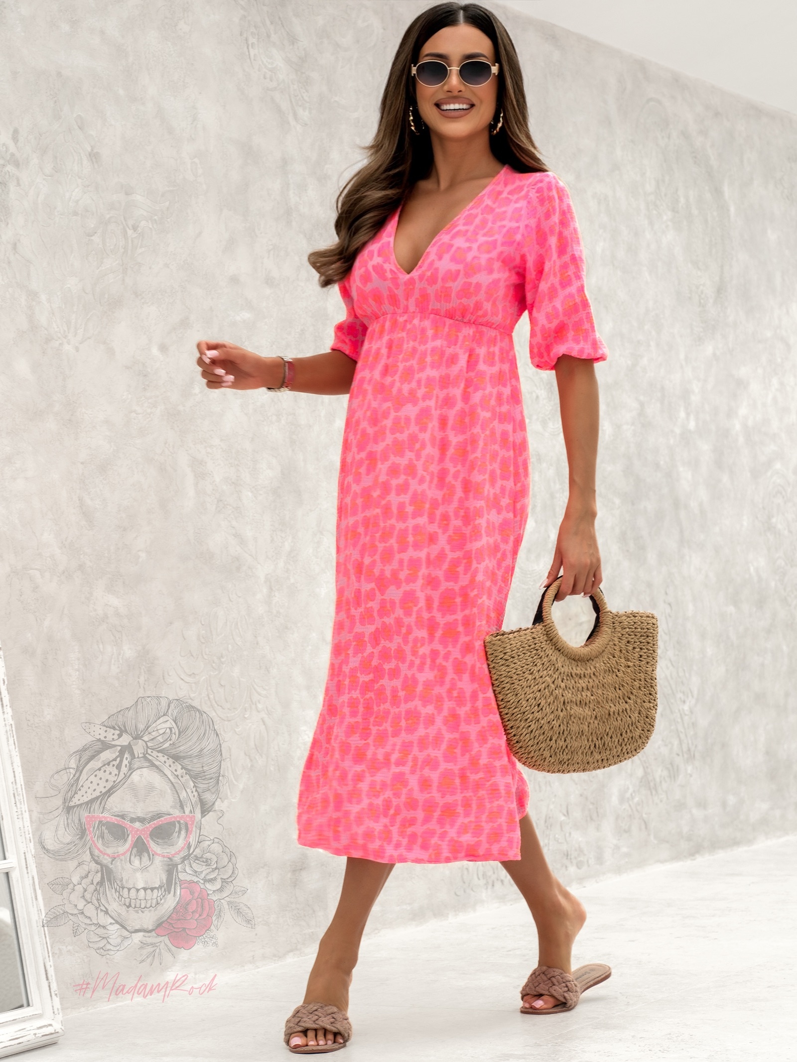Sukienka muślinowa w panterkę Cido neon różowa
