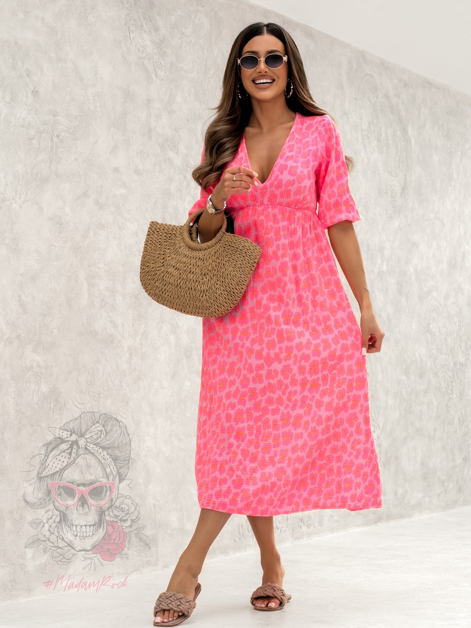 Sukienka muślinowa w panterkę Cido neon różowa