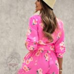 Komplet wakacyjny naturalny - koszula + spodenki Bermudo neonowy róż