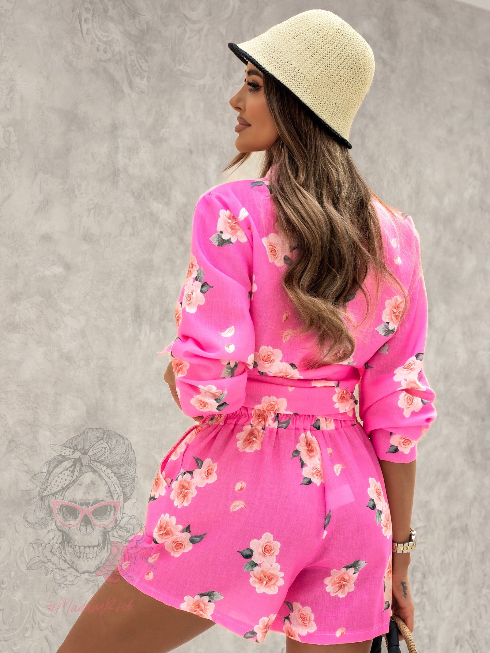 Komplet wakacyjny naturalny - koszula + spodenki Bermudo neonowy róż