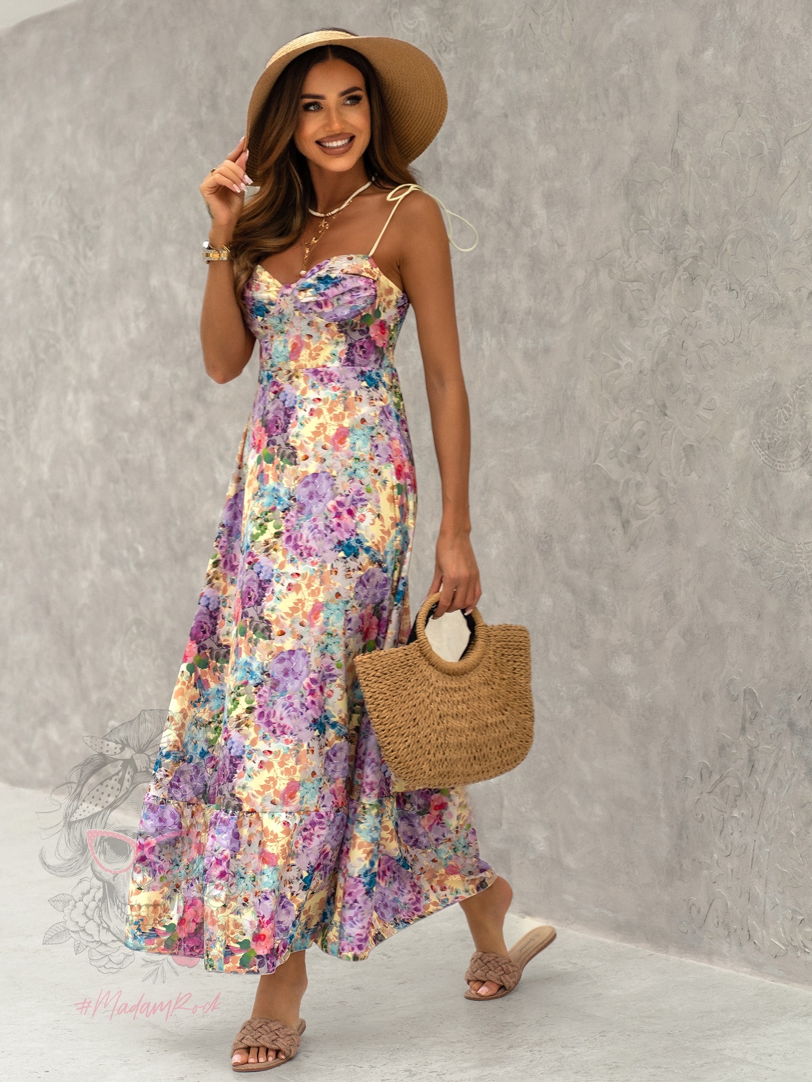 Sukienka w kwiaty Solwas żółto-fioletowa Sukienka w kwiaty Solwas żółto-fioletowa