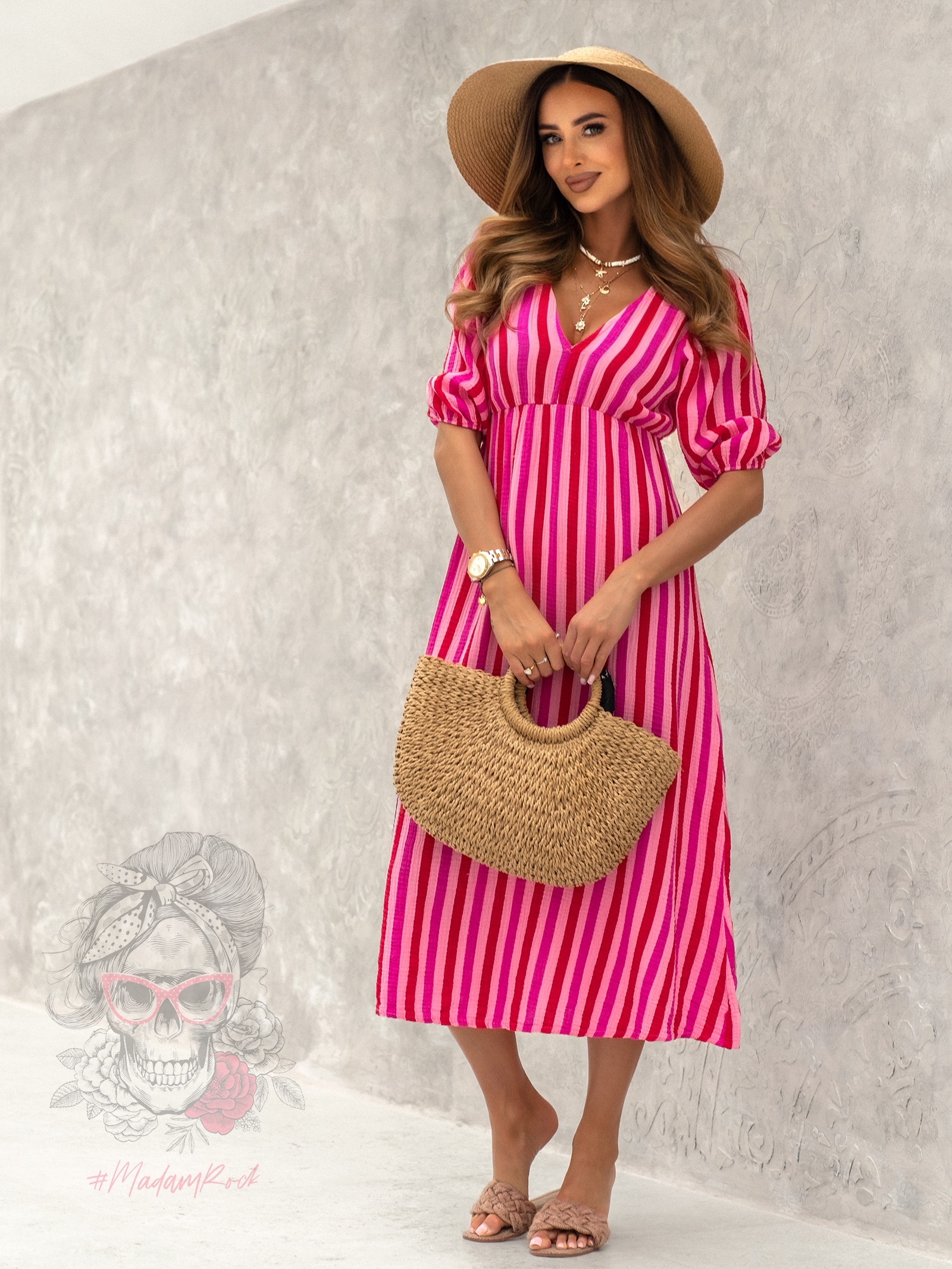 Sukienka muślinowa w paski Cido róż-fuksja