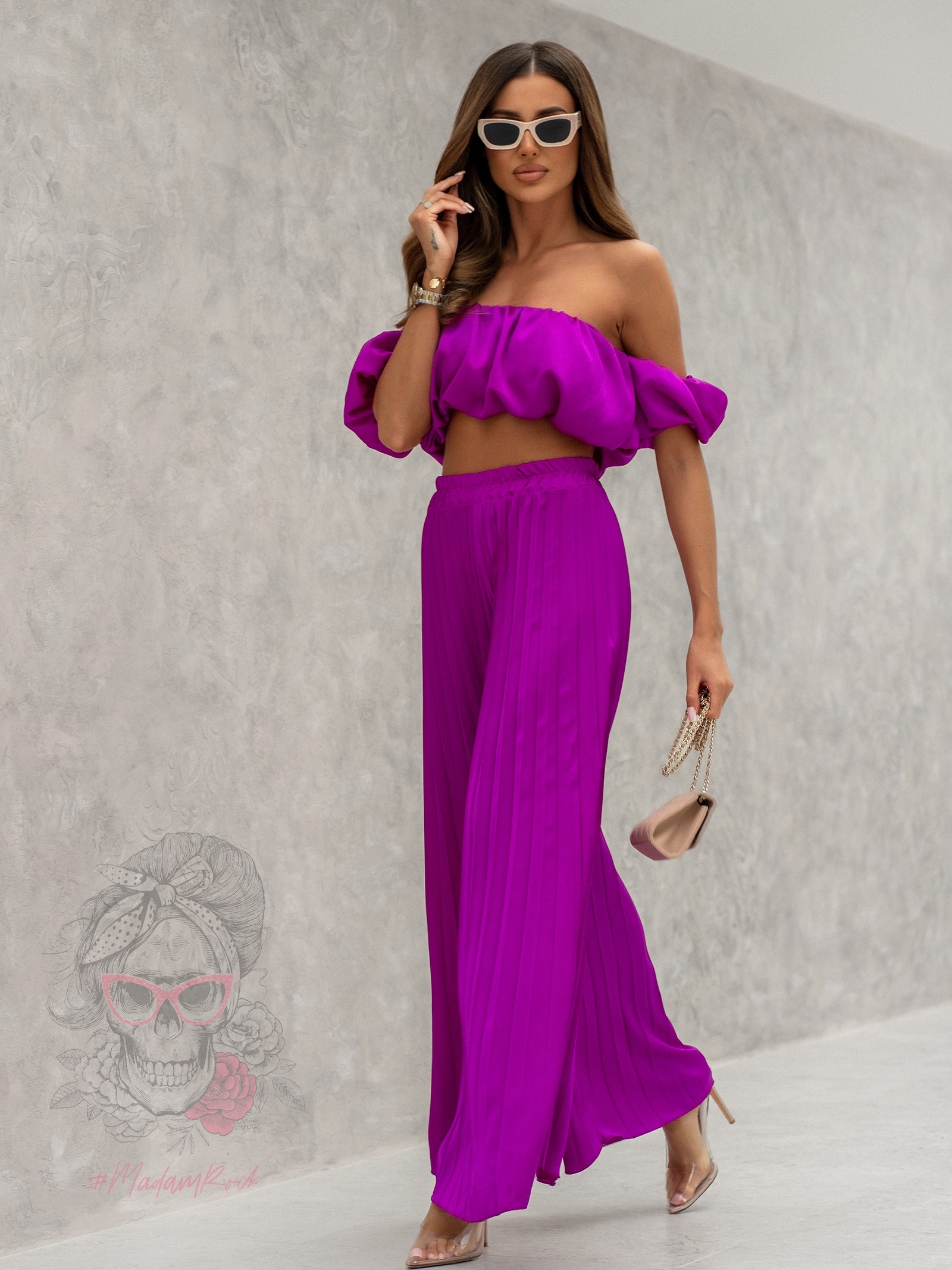 Komplet top + spodnie plisowane Mullę amarantowy