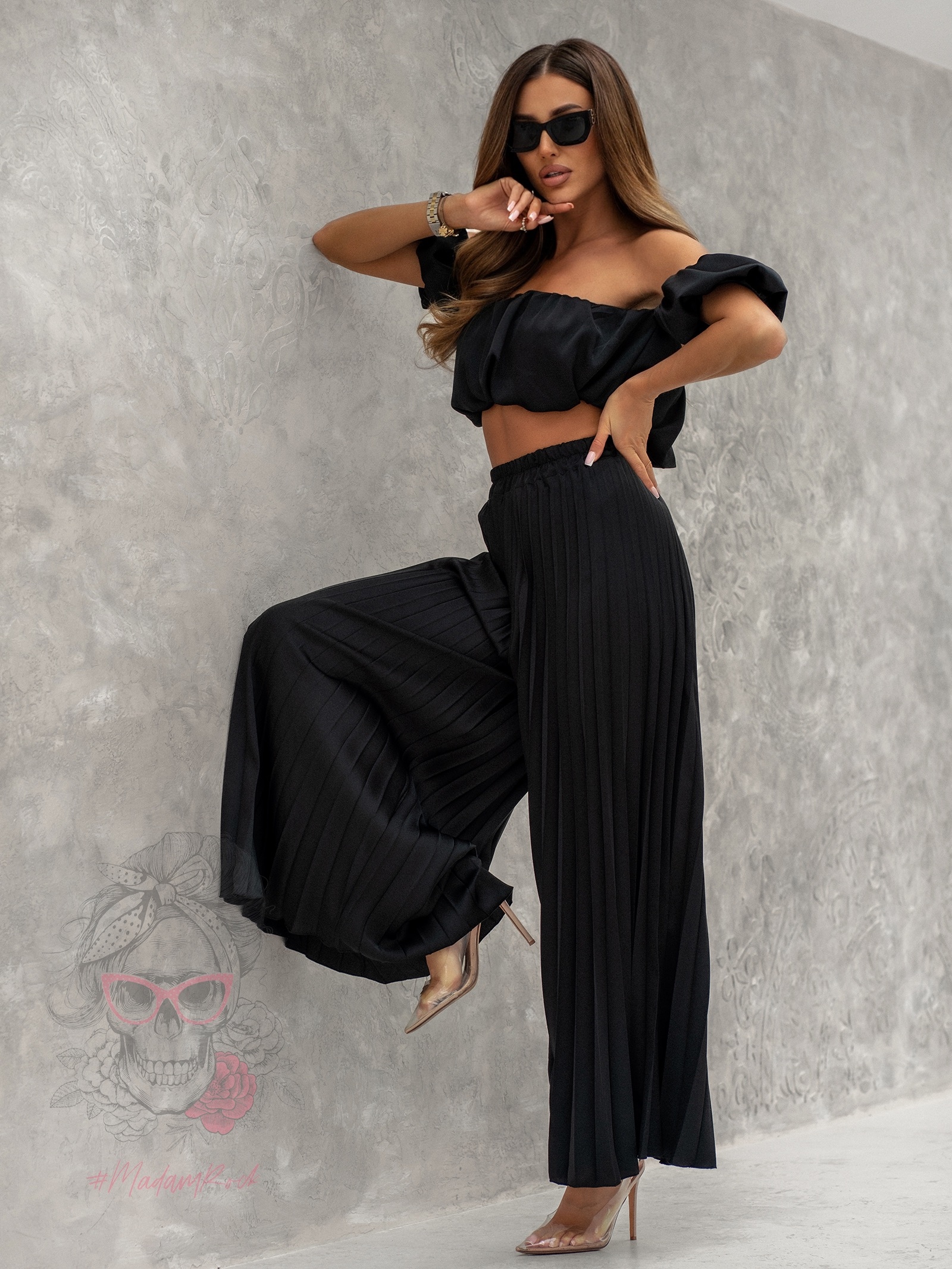 Komplet top + spodnie plisowane Mullę czarny