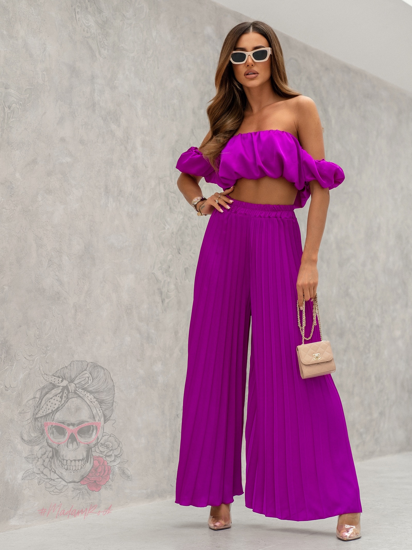 Komplet top + spodnie plisowane Mullę amarantowy