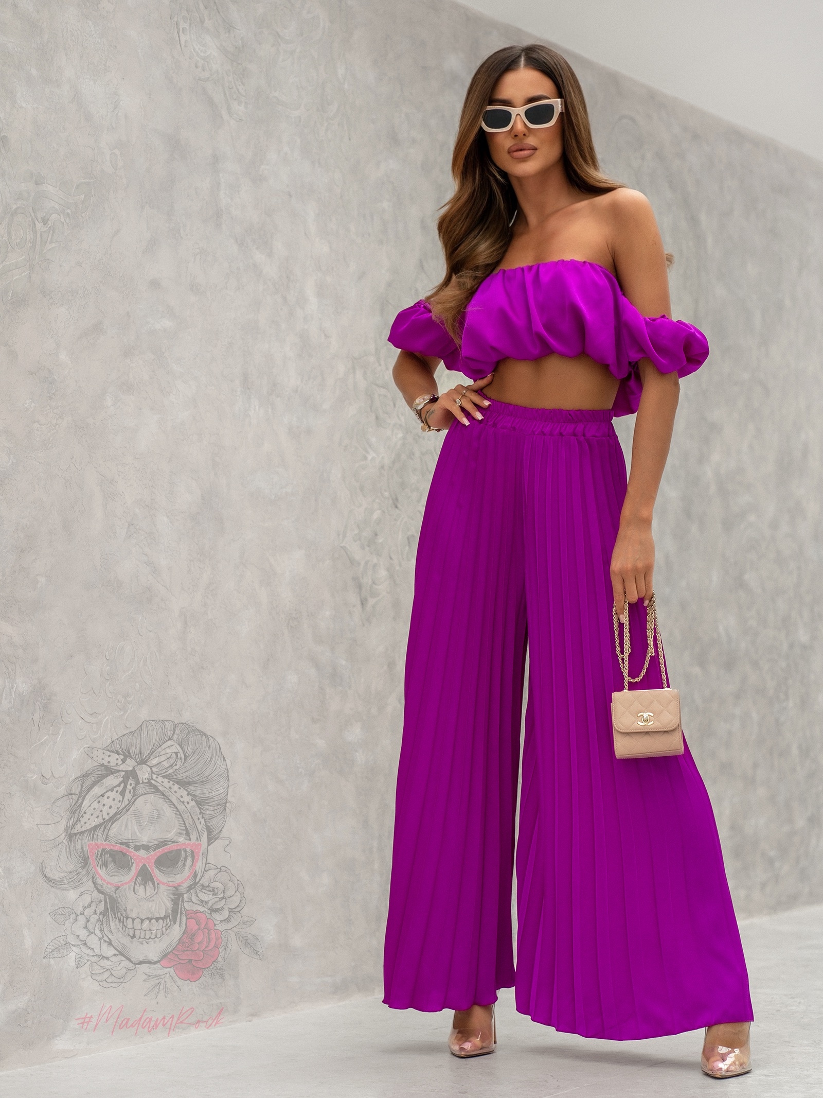 Komplet top + spodnie plisowane Mullę amarantowy