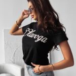 T-shirt damski z brokatowym logo LUXE OLAVOGA czarny