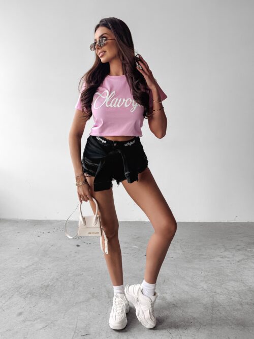 T-shirt damski z brokatowym logo LUXE OLAVOGA różowy