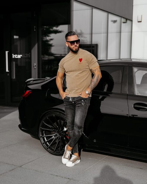 T-shirt męski dzianinowy LUV OLAVOGA beżowy