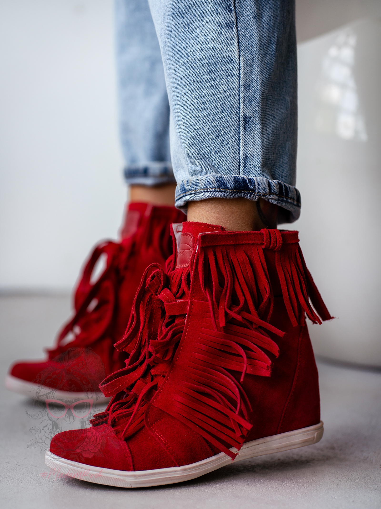 Sneakersy skórzane z frędzlami Madam Fringe czerwone