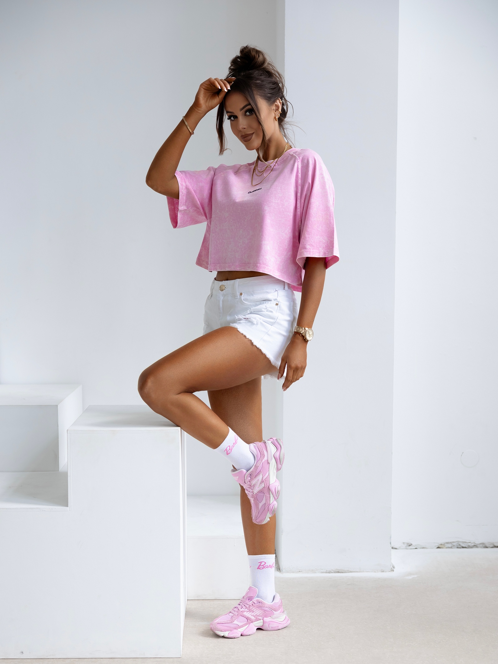 T-shirt bawełniany logowany VIROTO OLAVOGA pudrowy róż