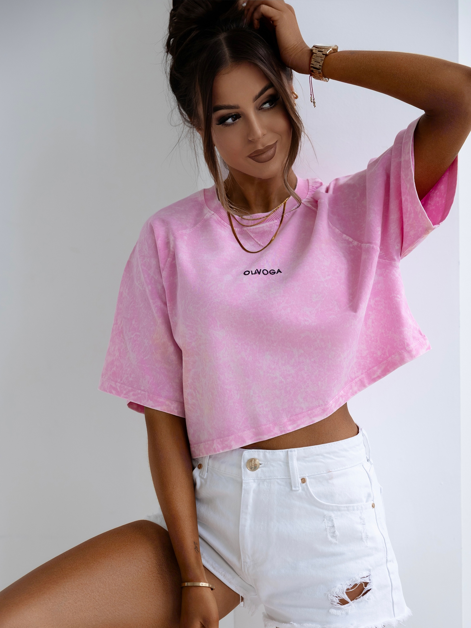 T-shirt bawełniany logowany VIROTO OLAVOGA pudrowy róż