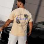 T-shirt męski bawełniany logowany PALM WAVE OLAVOGA beżowy