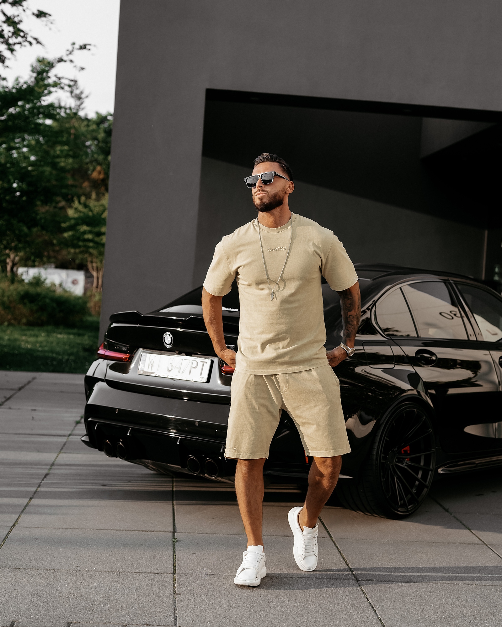 T-shirt męski bawełniany haft 3D XATO OLAVOGA beżowy