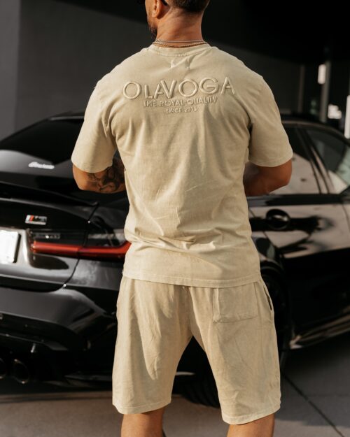 T-shirt męski bawełniany haft 3D XATO OLAVOGA beżowy