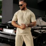 T-shirt męski bawełniany haft 3D XATO OLAVOGA beżowy