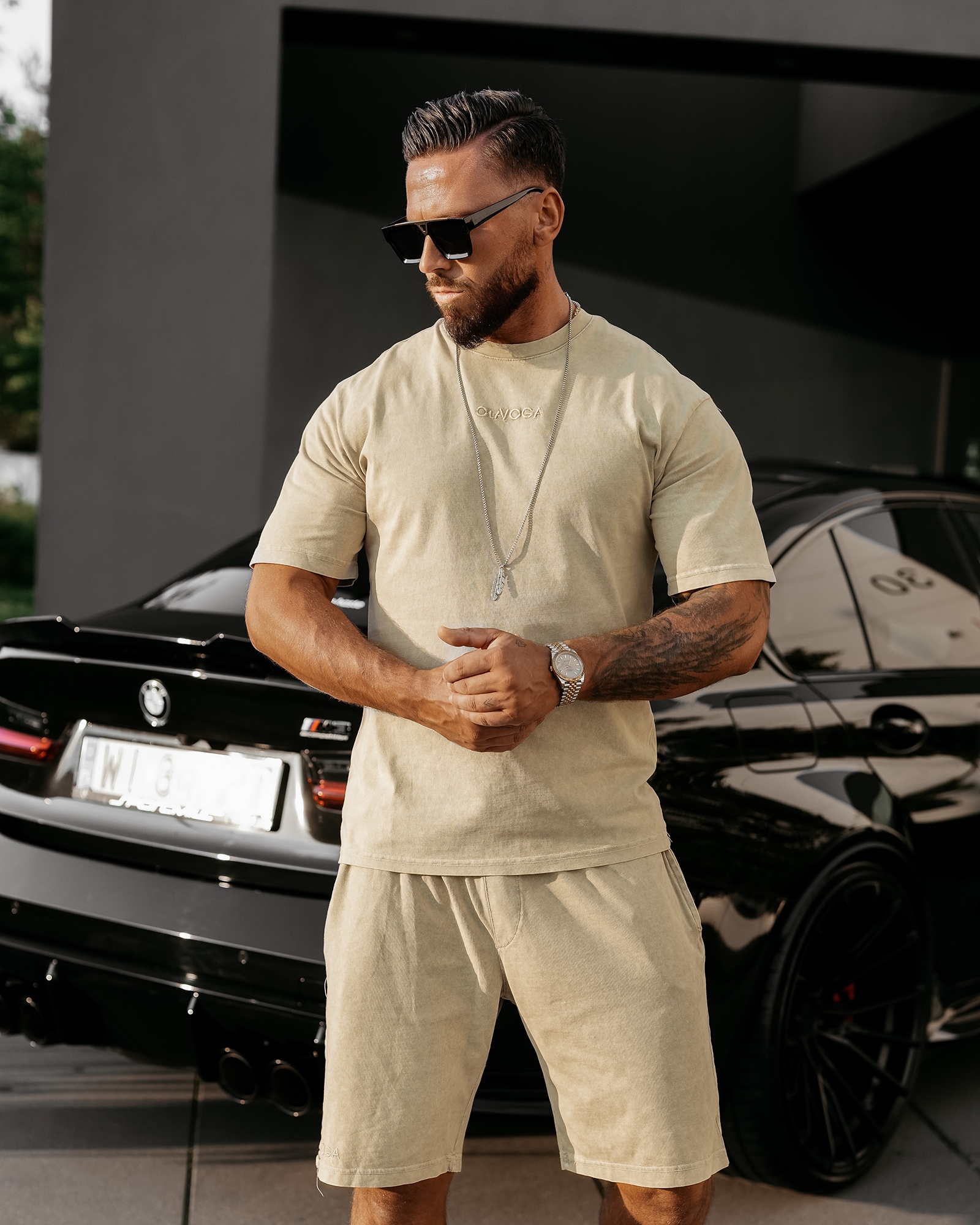 T-shirt męski bawełniany haft 3D XATO OLAVOGA beżowy