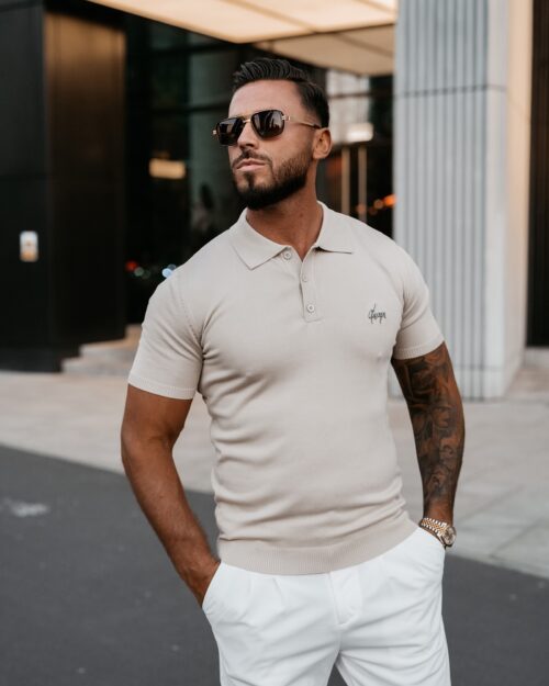 T-shirt polo męski złota blaszka TWIST OLAVOGA beżowy