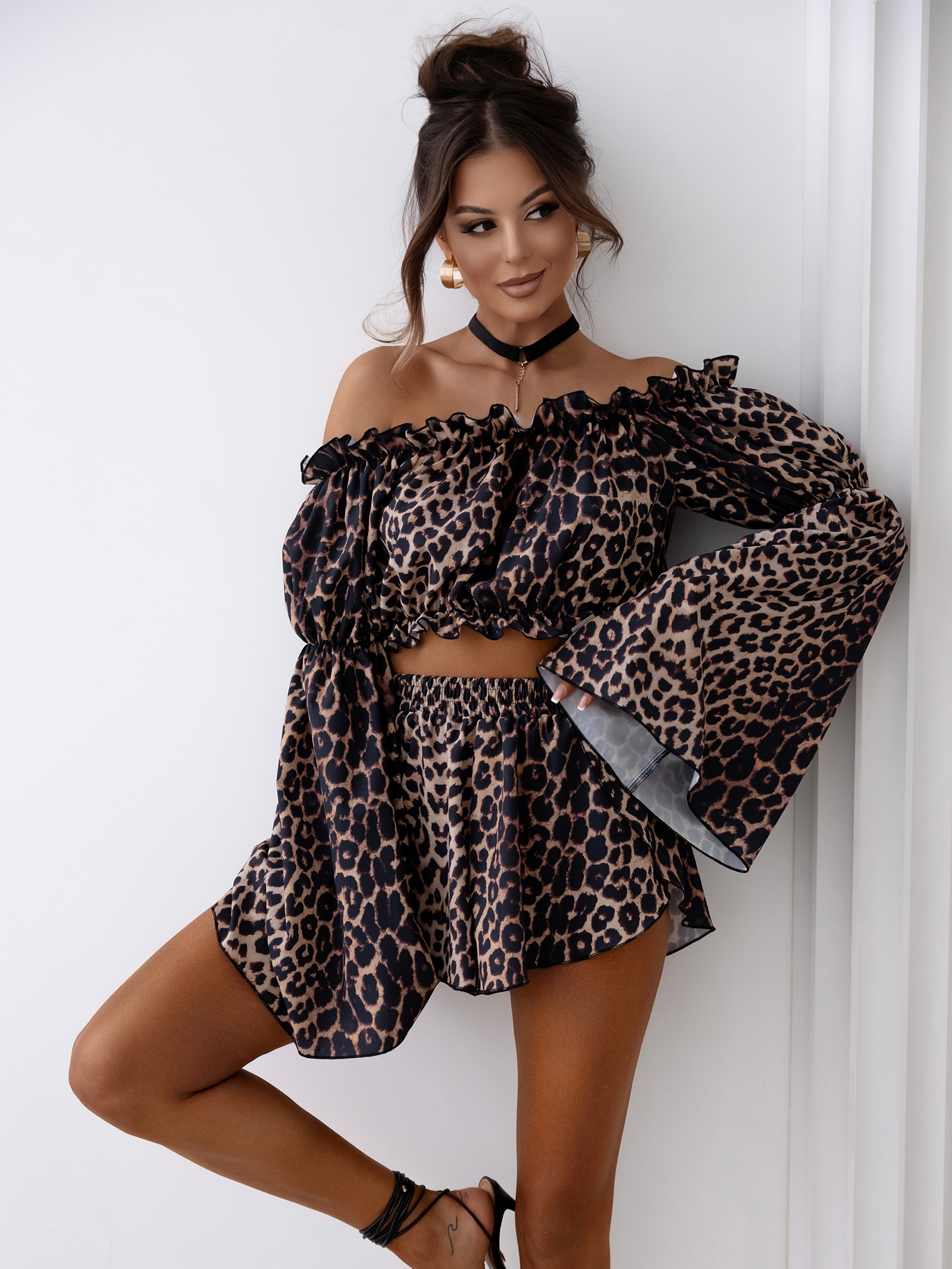 Komplet damski boho bluzka+spodenki BIBBLE OLAVOGA panterka