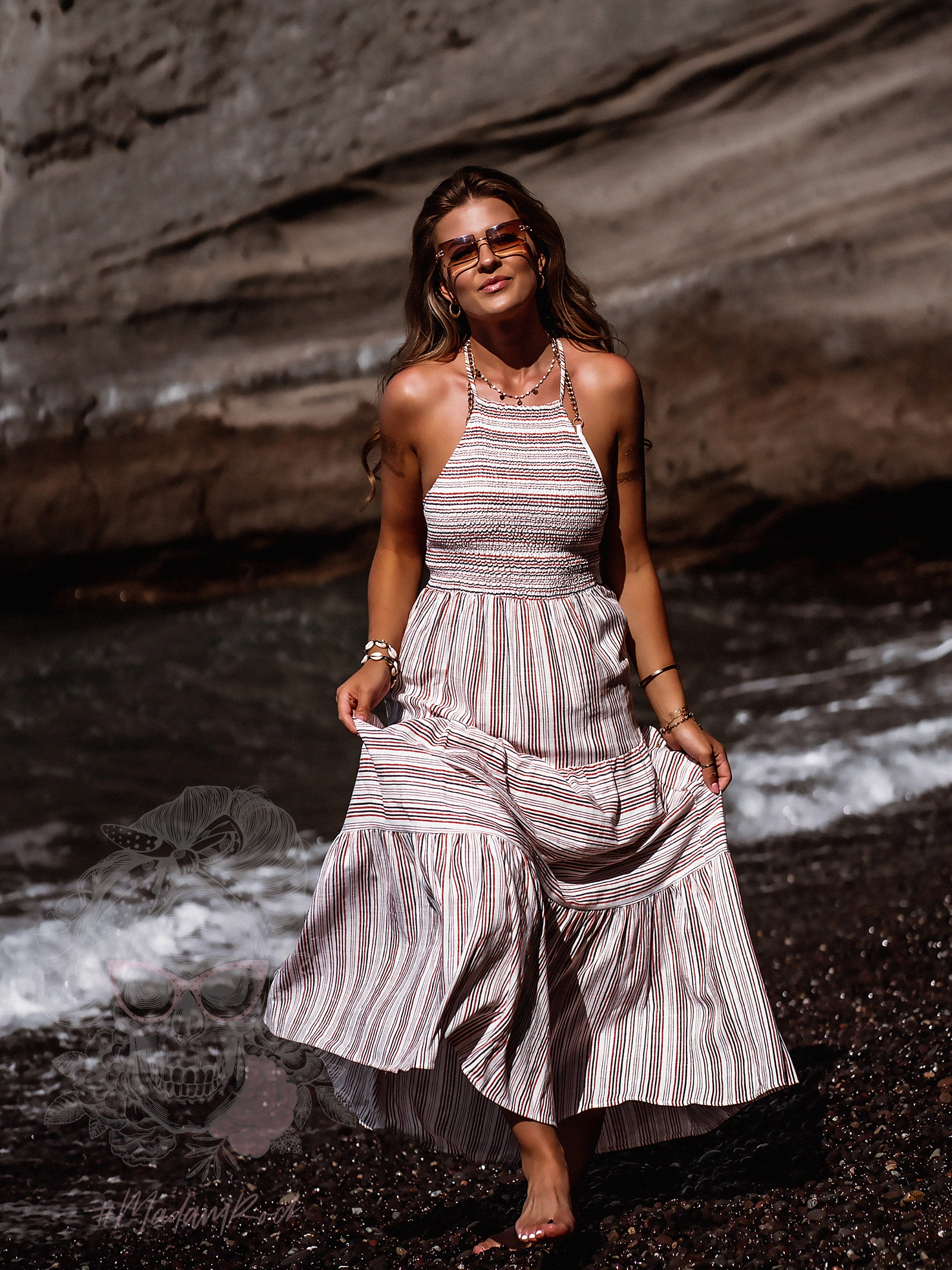 Sukienka lniana Get Off biała w paski