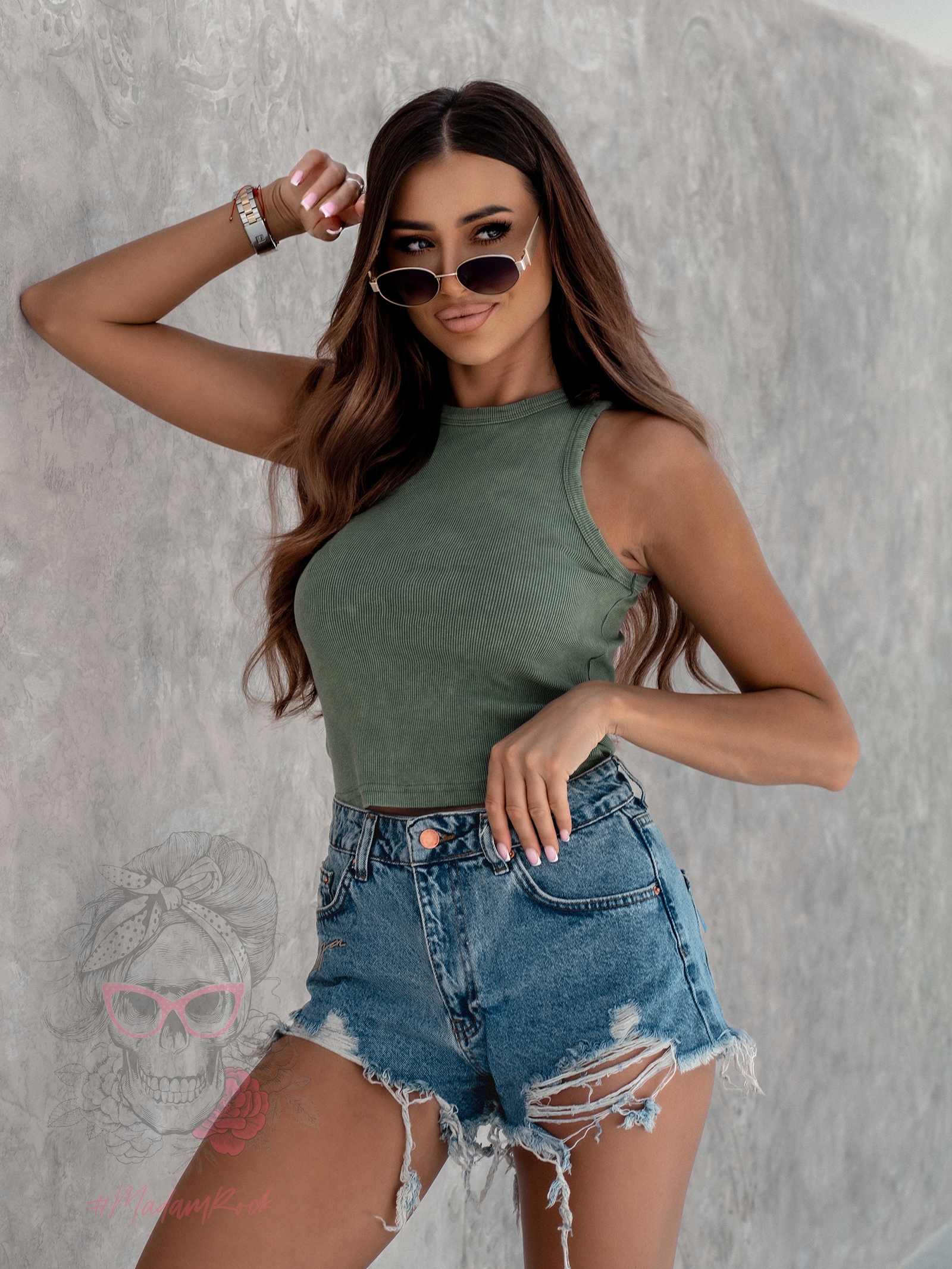 Top dekatyzowany prążkowany Akal khaki