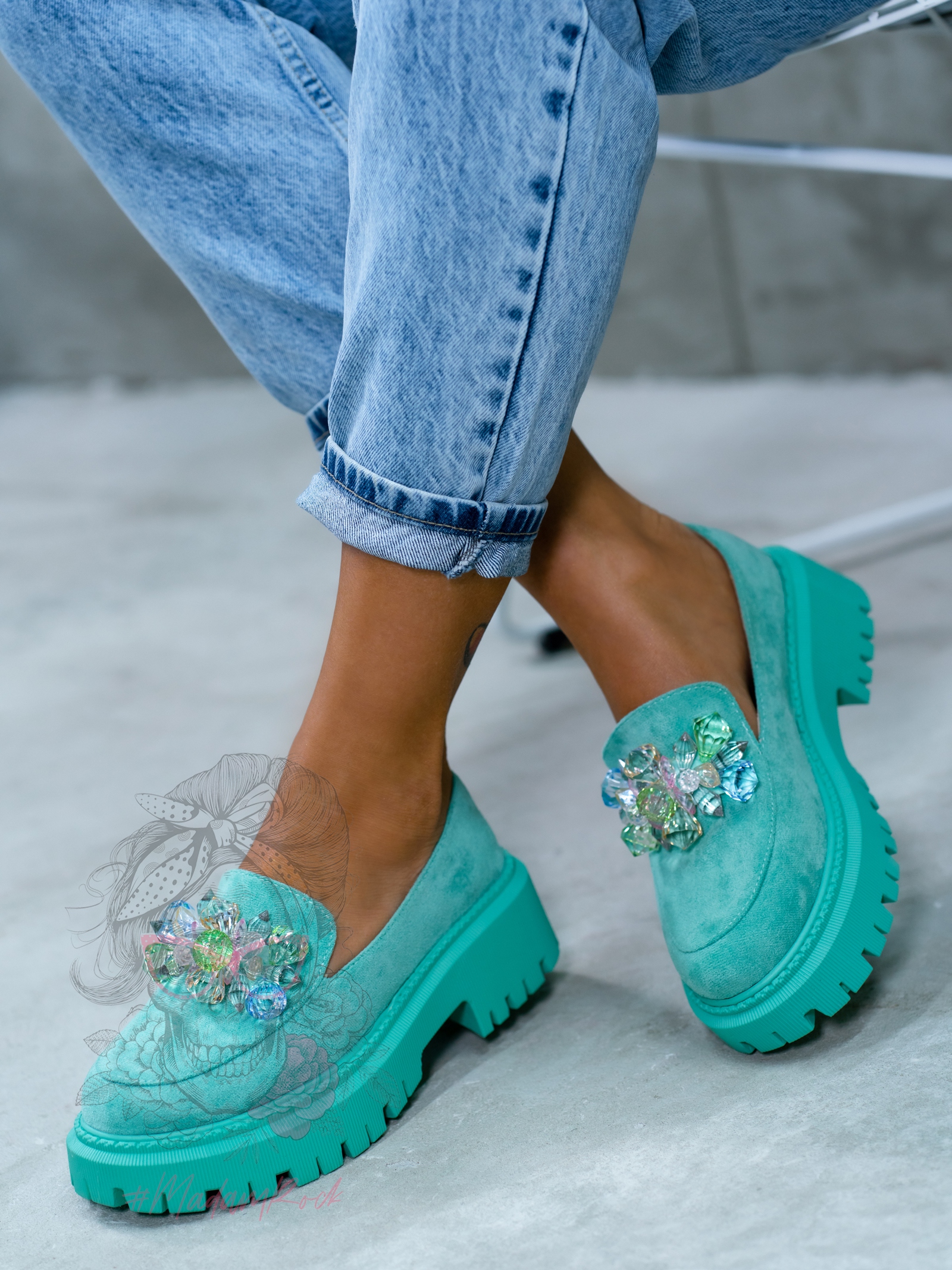 Mokasyny z kamieniami Madam Alecta miętowe Mokasyny z kamieniami Madam Alecta miętowe