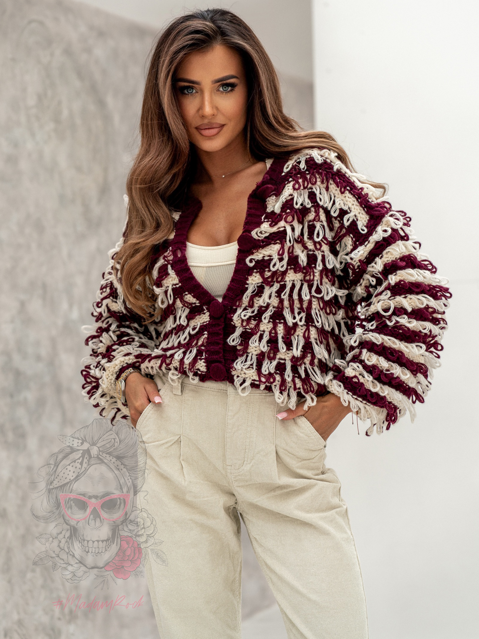 Sweter z frędzlami mop Gogis bordowy