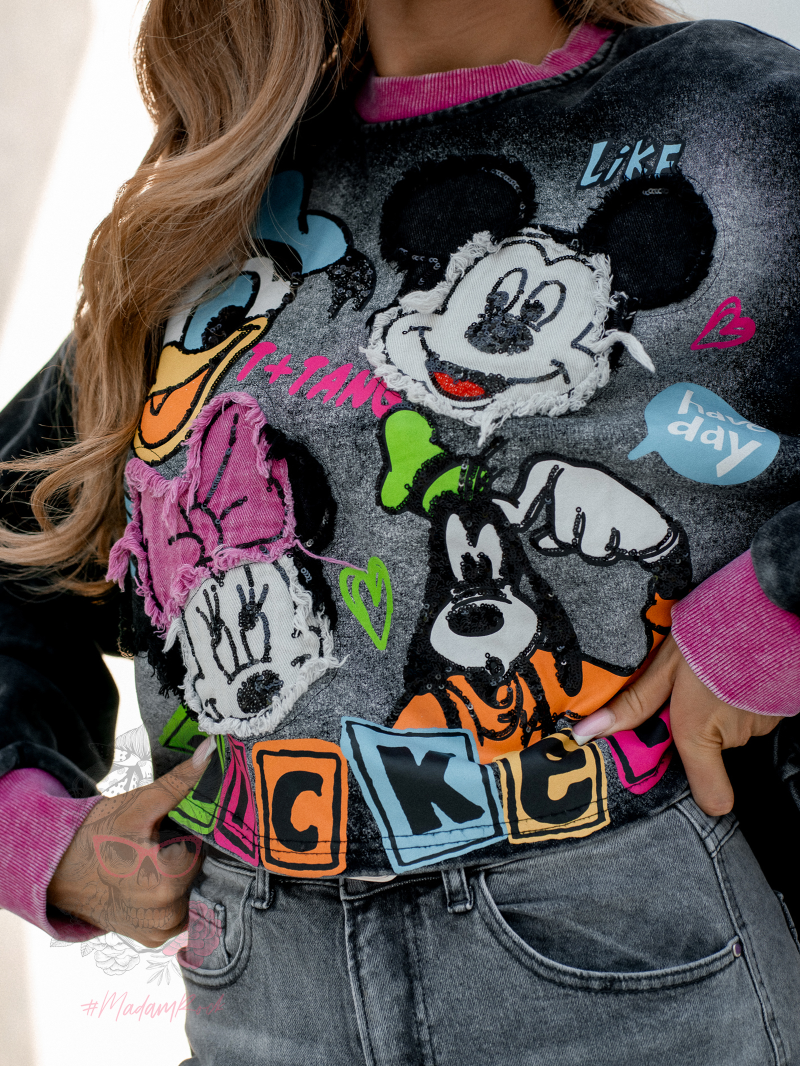 Bluza dekatyzowana Disney fuksja + szara