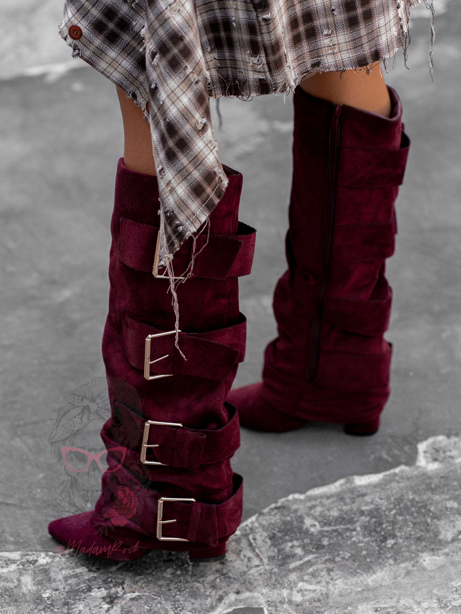 Kozaki z cholewką oversize Rock Sirro zamszowe bordowe