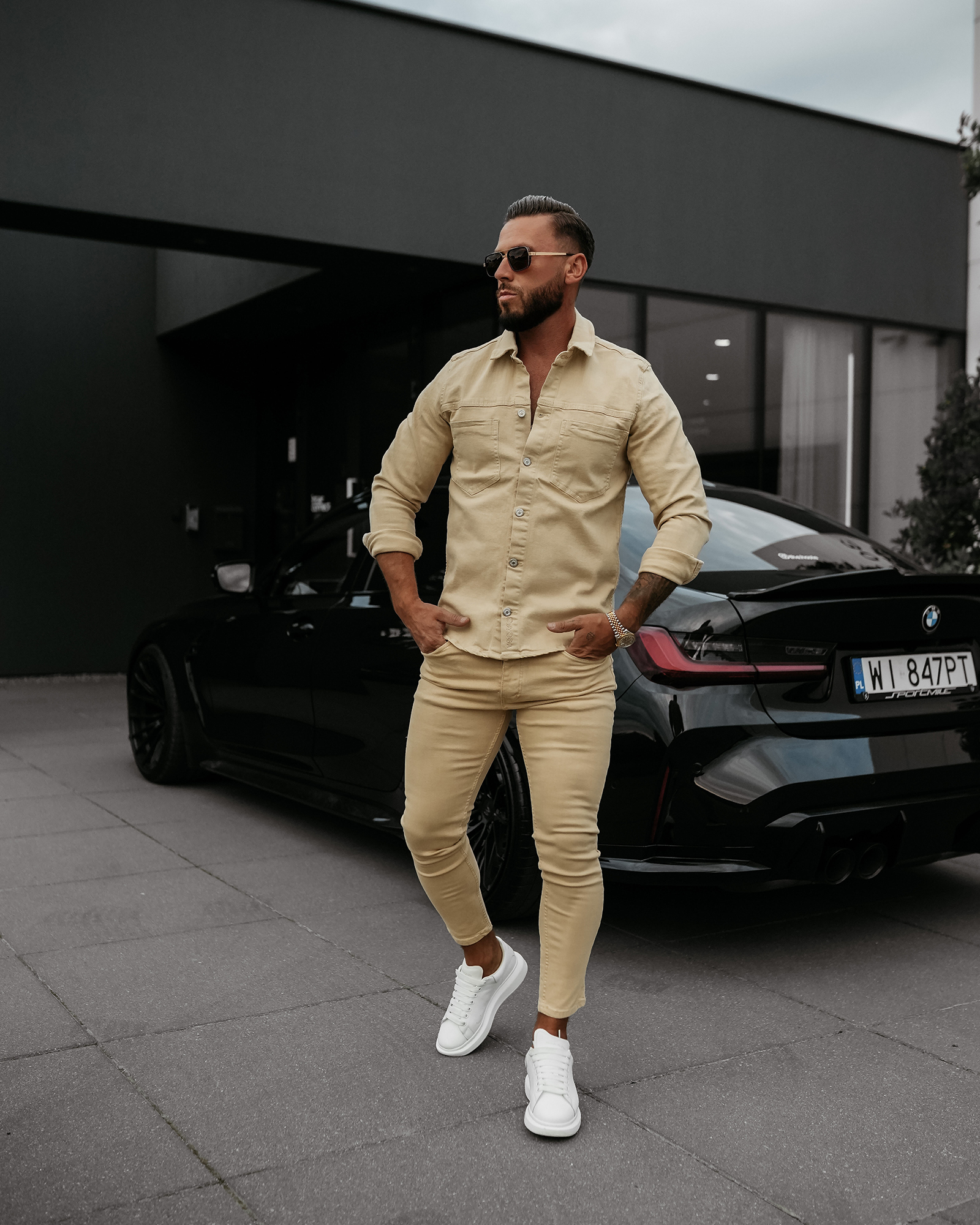 Koszula męska casual OLAVOGA GIACCA ciemny beż