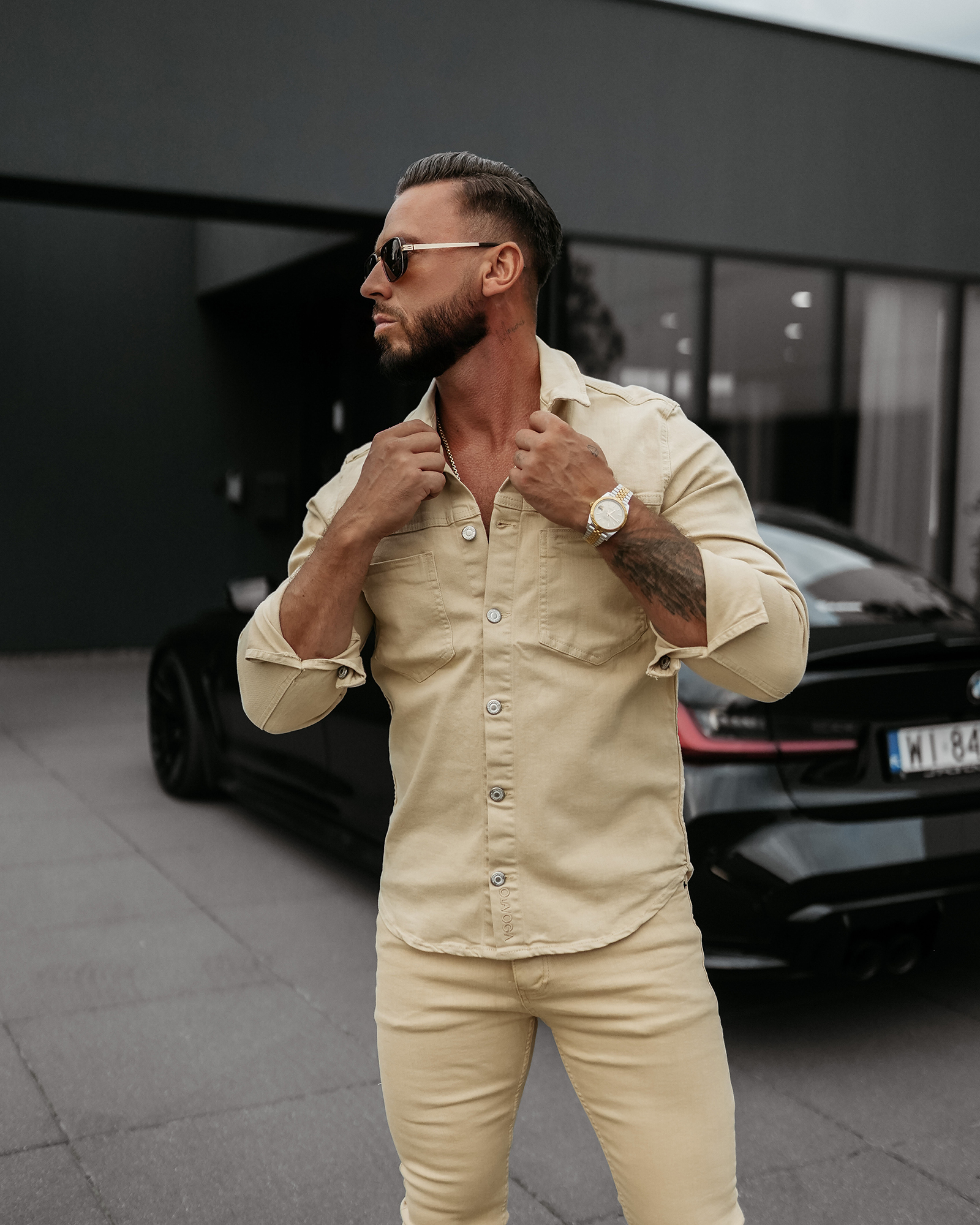 Koszula męska casual OLAVOGA GIACCA ciemny beż