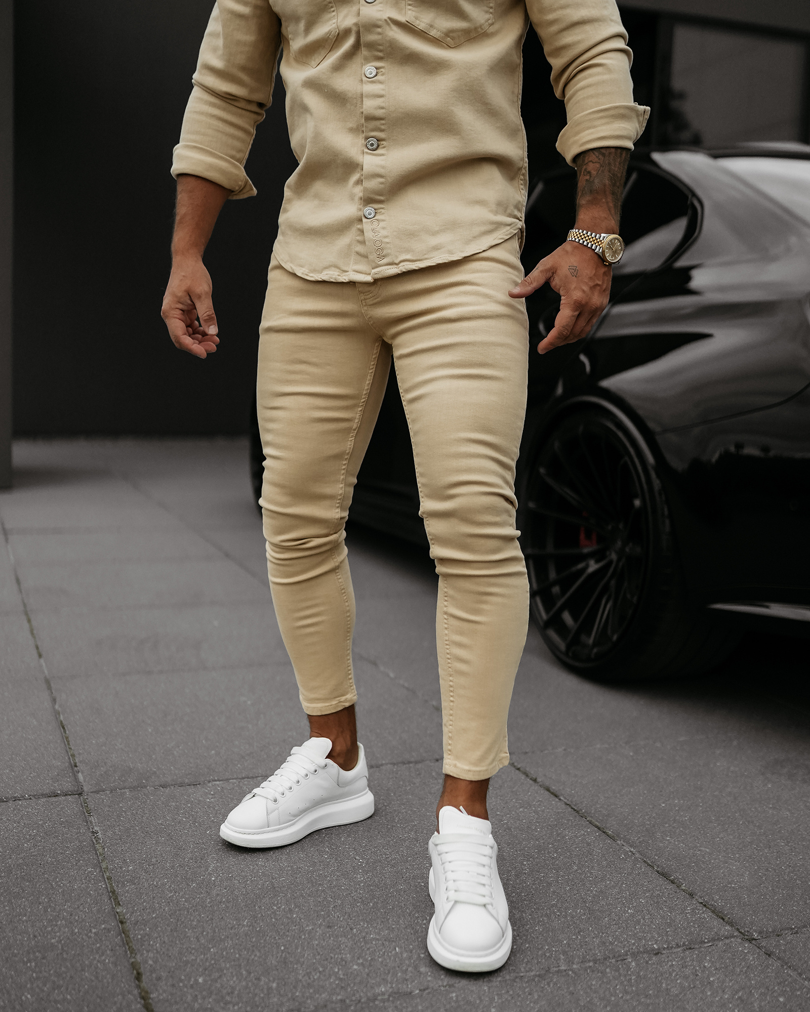 Spodnie męskie jeansy slim fit OLAVOGA TOLON ciemny beż