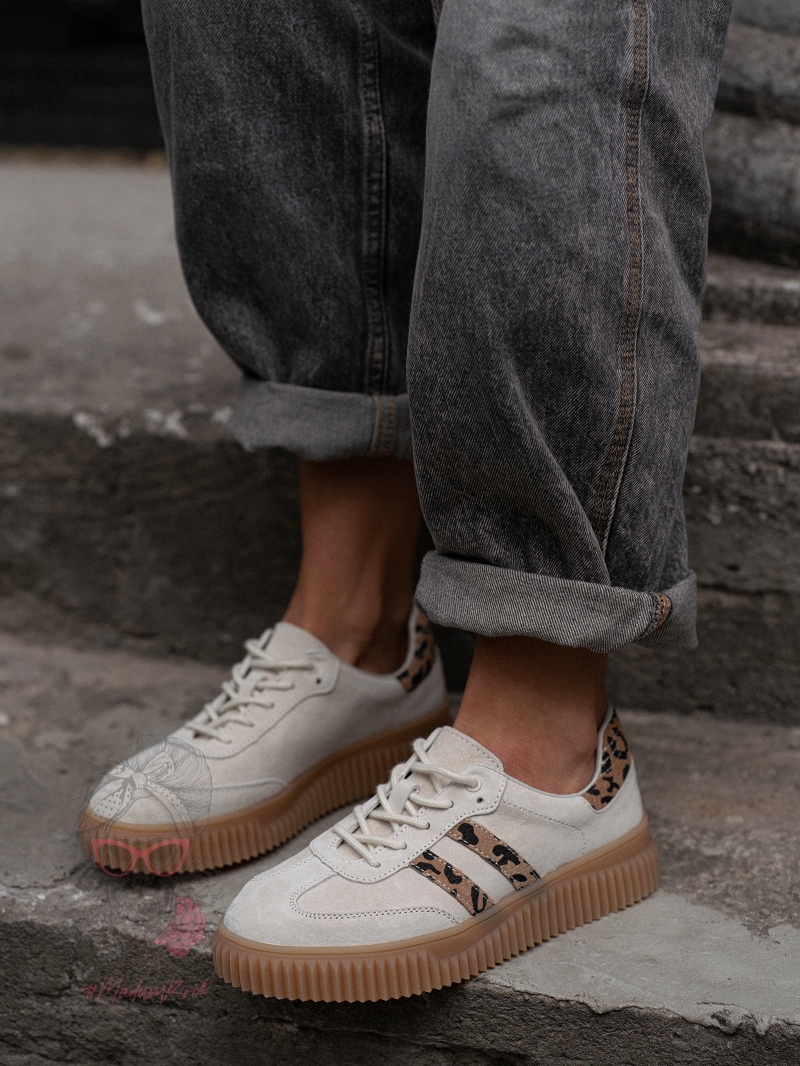 Trampki zamsz naturalny Madam Salia beżowe z panterką