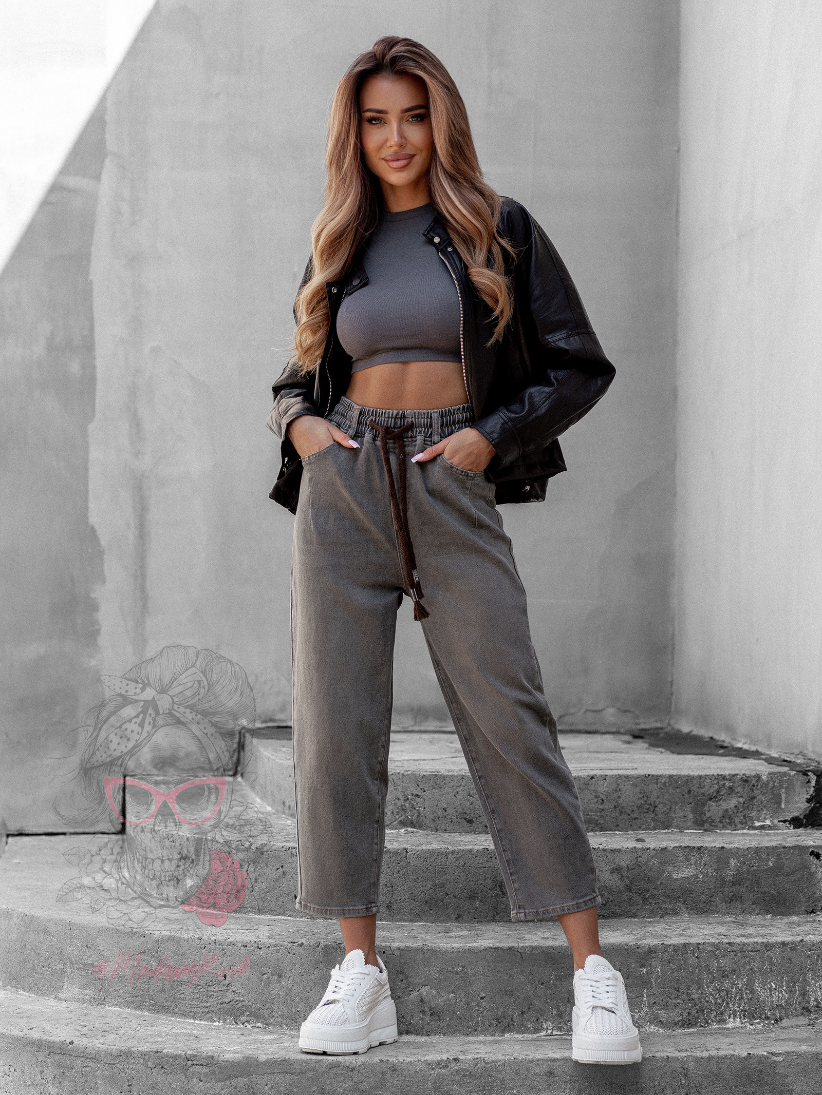 Spodnie jeansowe w gumę Ceste melanż khaki brąz