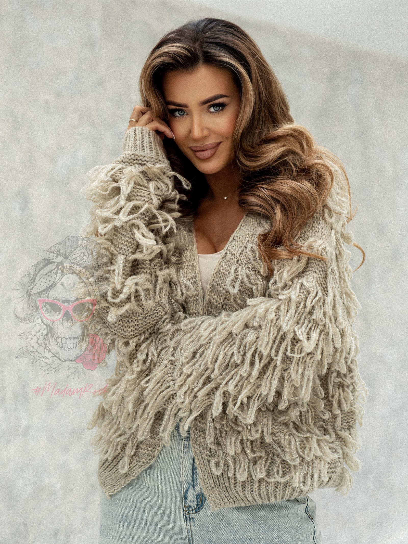 Sweter z frędzlami Marshi beżowy melanż