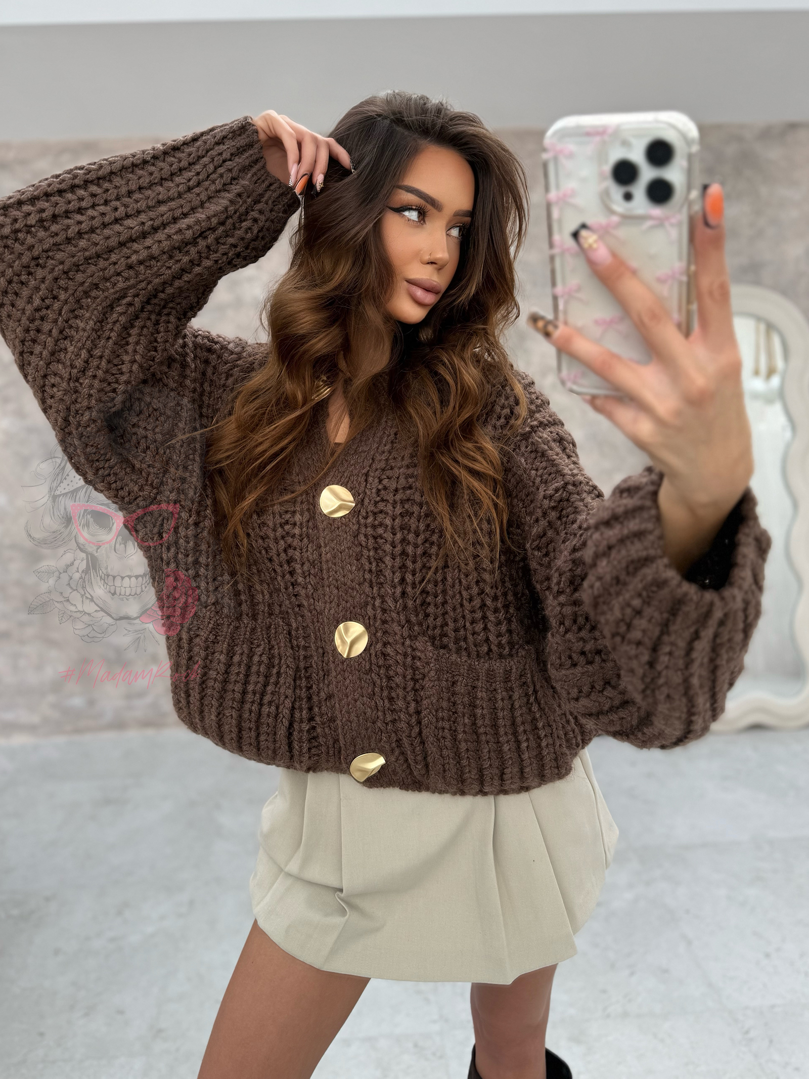 Sweter o grubym splocie Omore brązowy