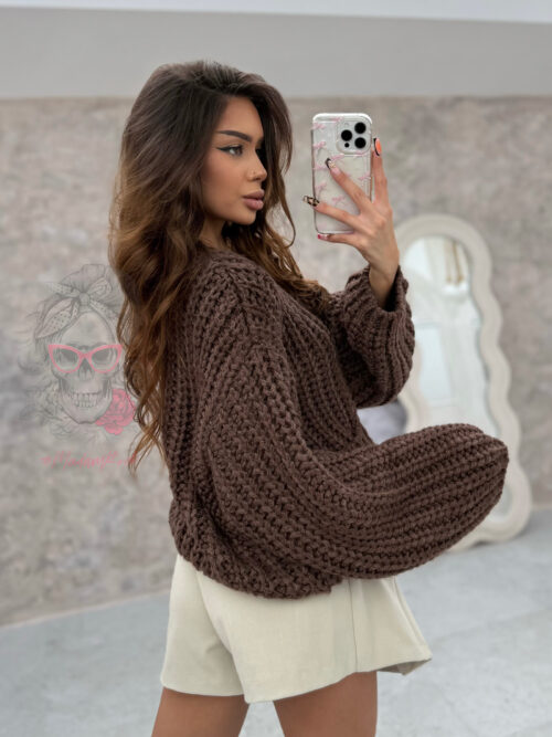 Sweter o grubym splocie Omore brązowy