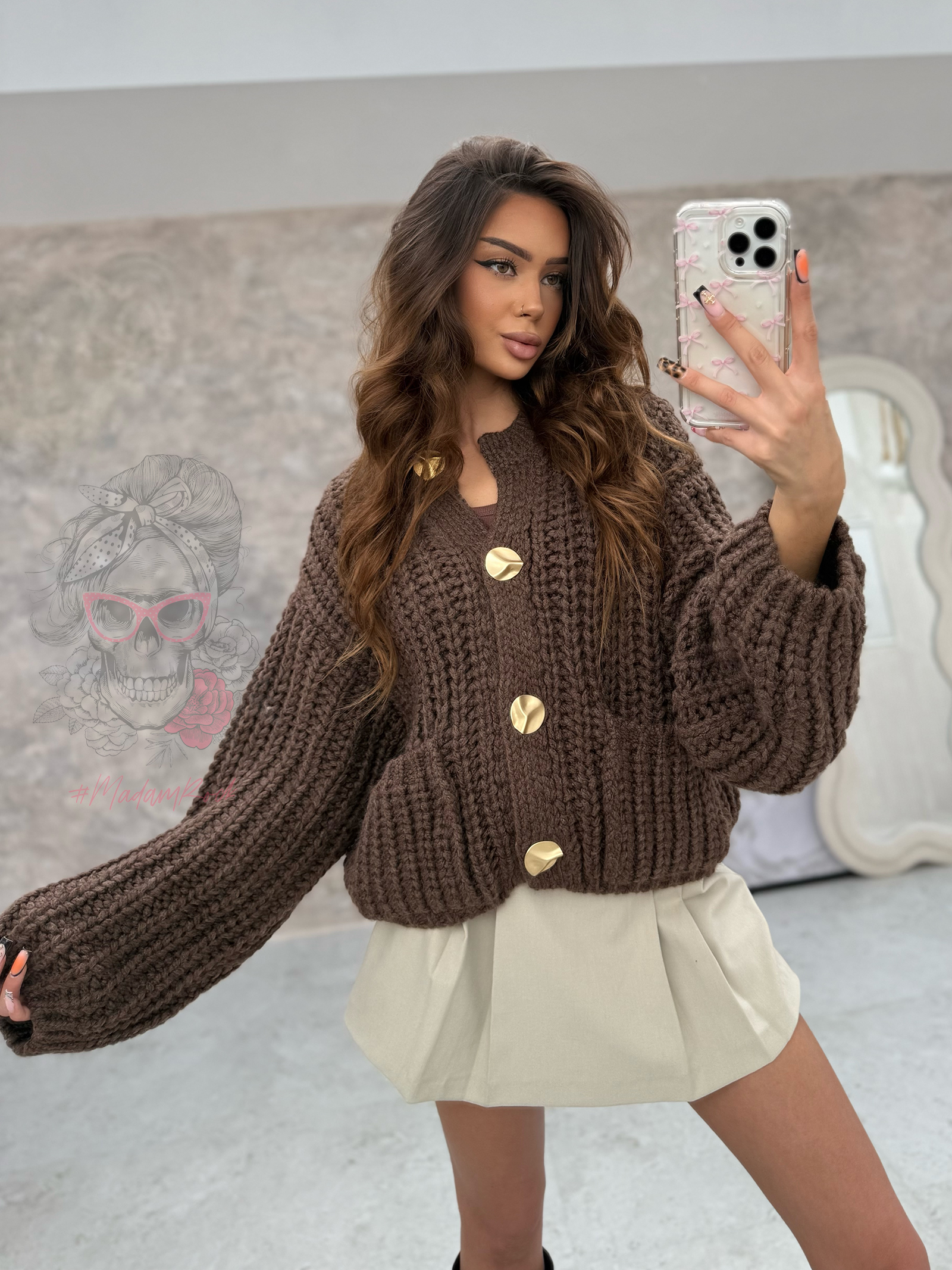 Sweter o grubym splocie Omore brązowy