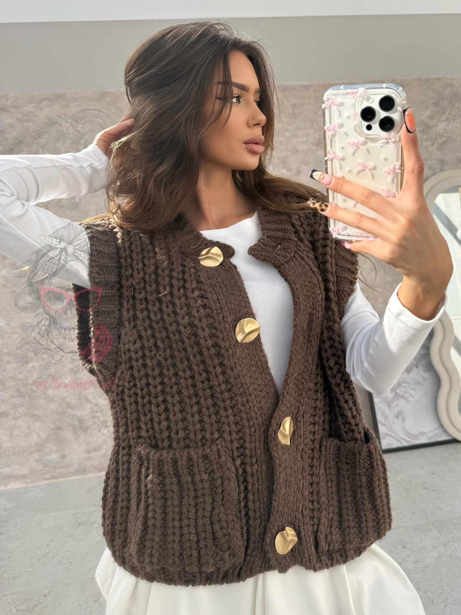 Kamizelka o grubym splocie Omore brązowa