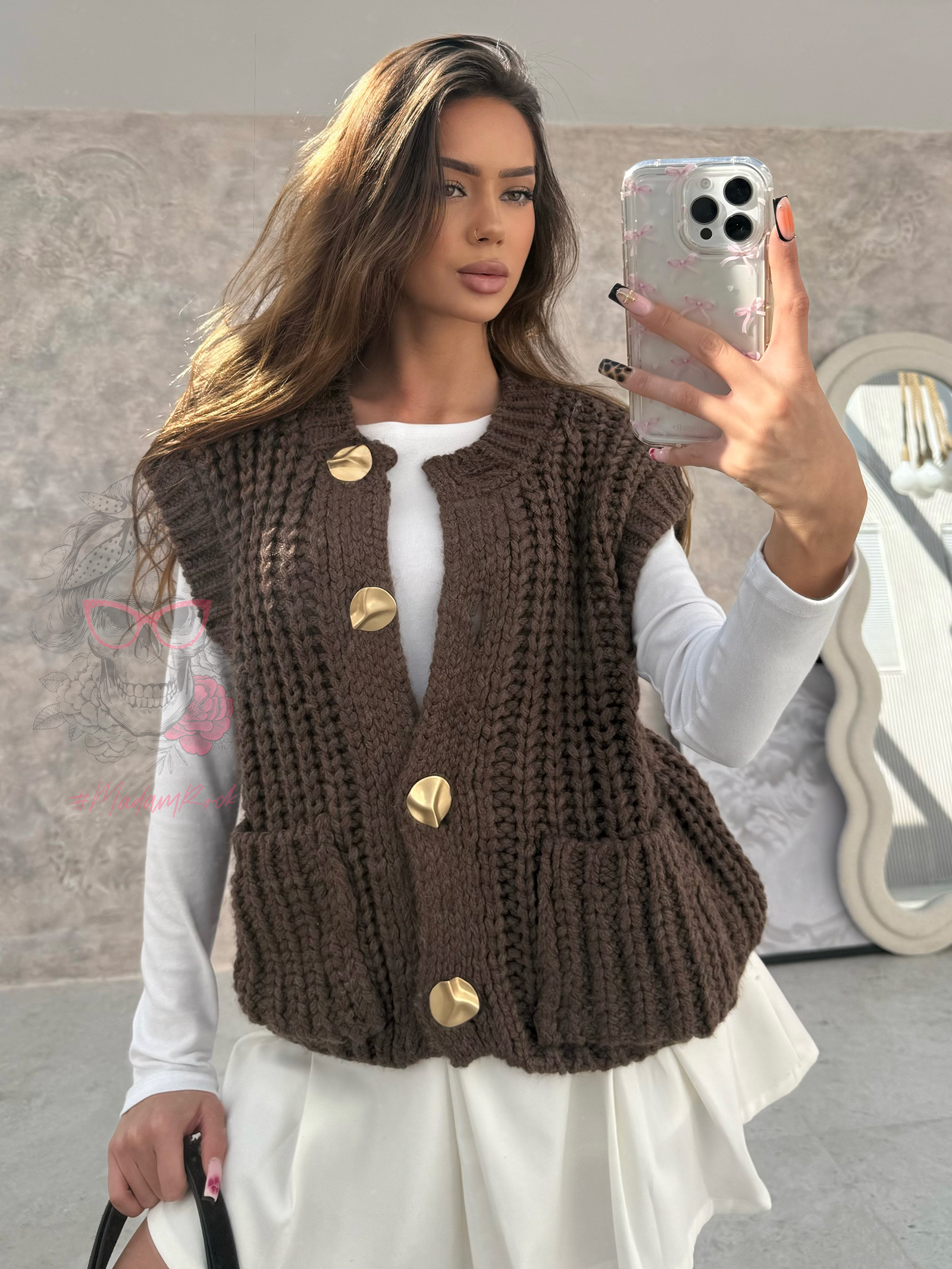 Kamizelka o grubym splocie Omore brązowa