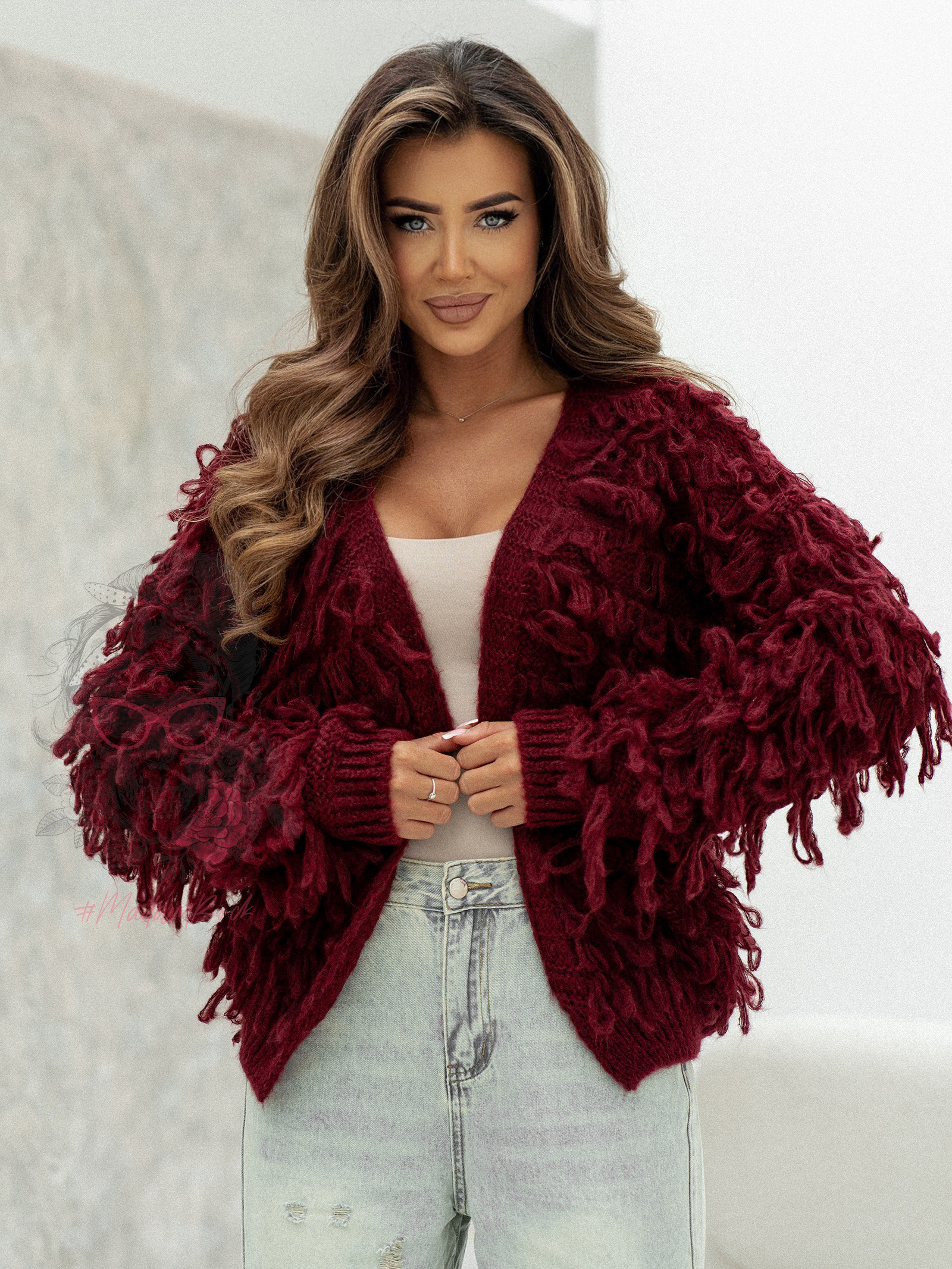 Sweter z frędzlami Marshi bordowy