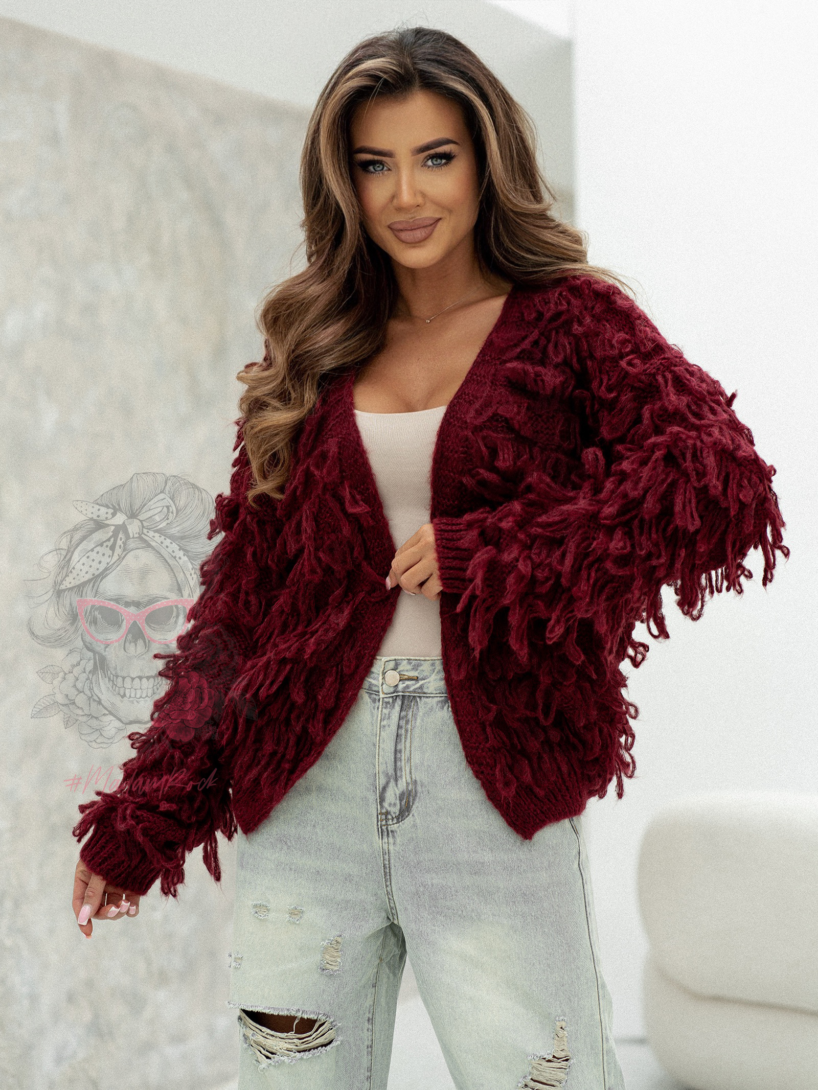 Sweter z frędzlami Marshi bordowy