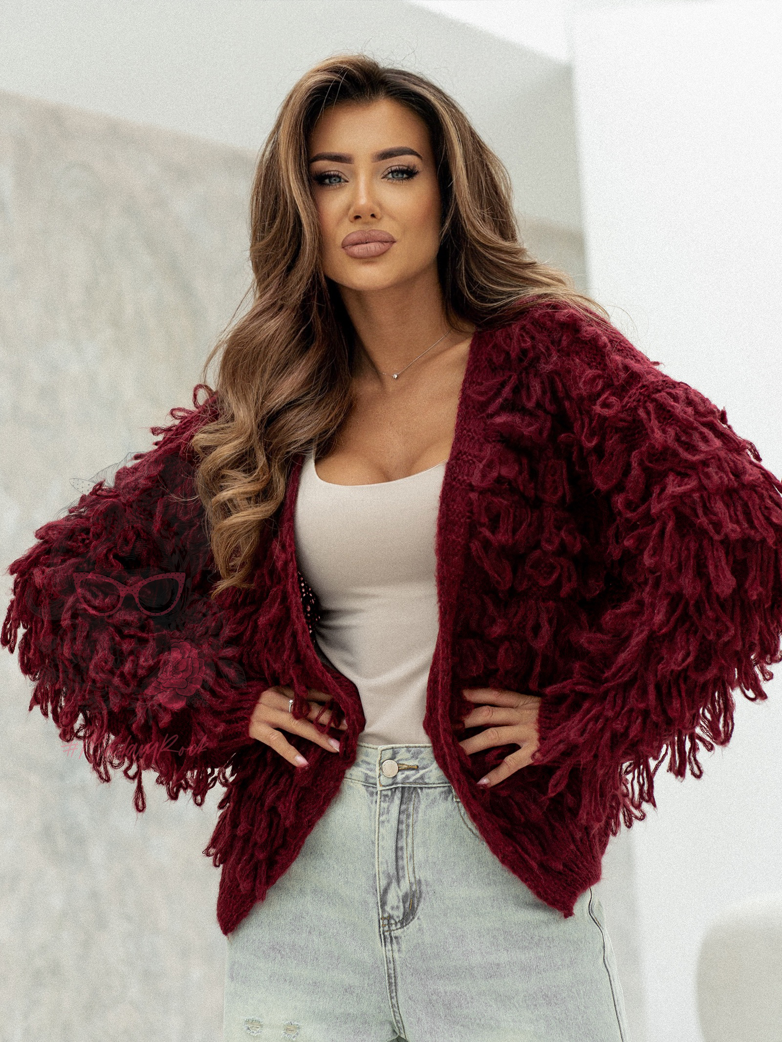 Sweter z frędzlami Marshi bordowy