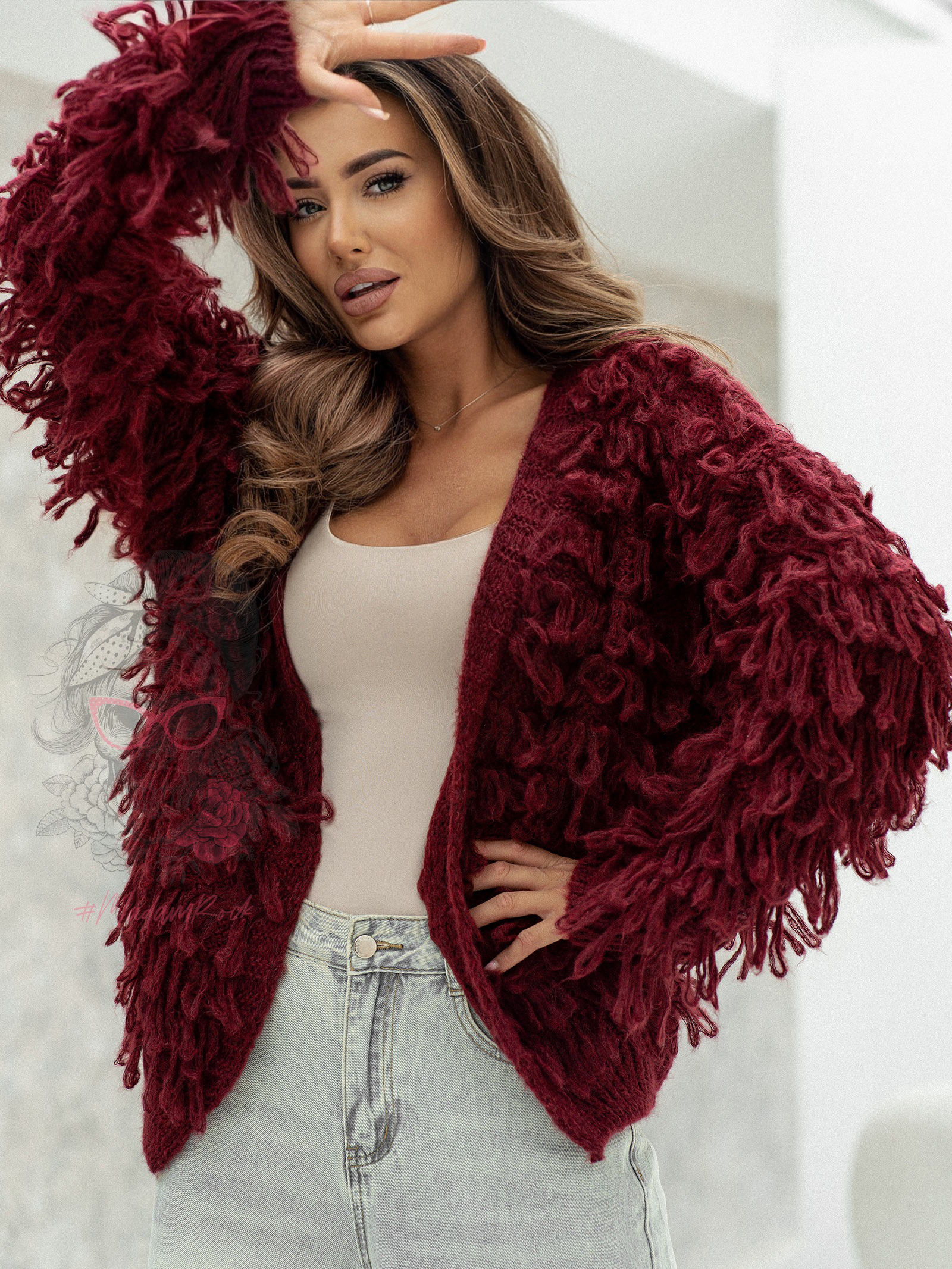 Sweter z frędzlami Marshi bordowy