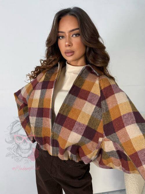 Kurtka flauszowa w kratę Autumns beżowo-bordowa