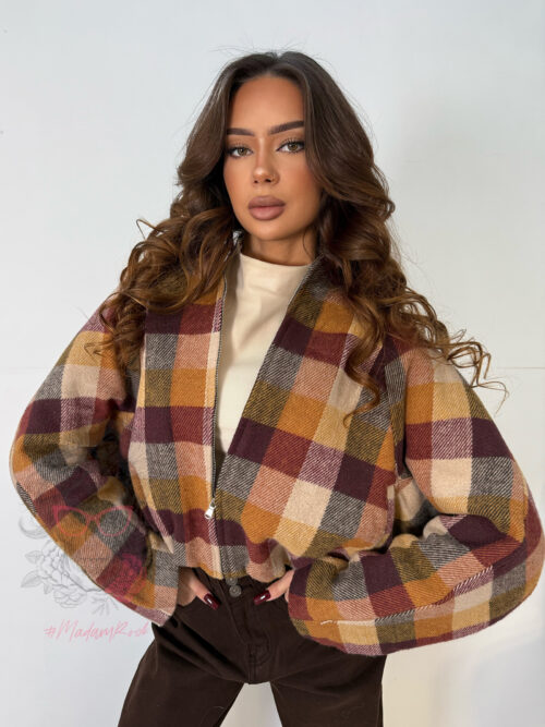 Kurtka flauszowa w kratę Autumns beżowo-bordowa